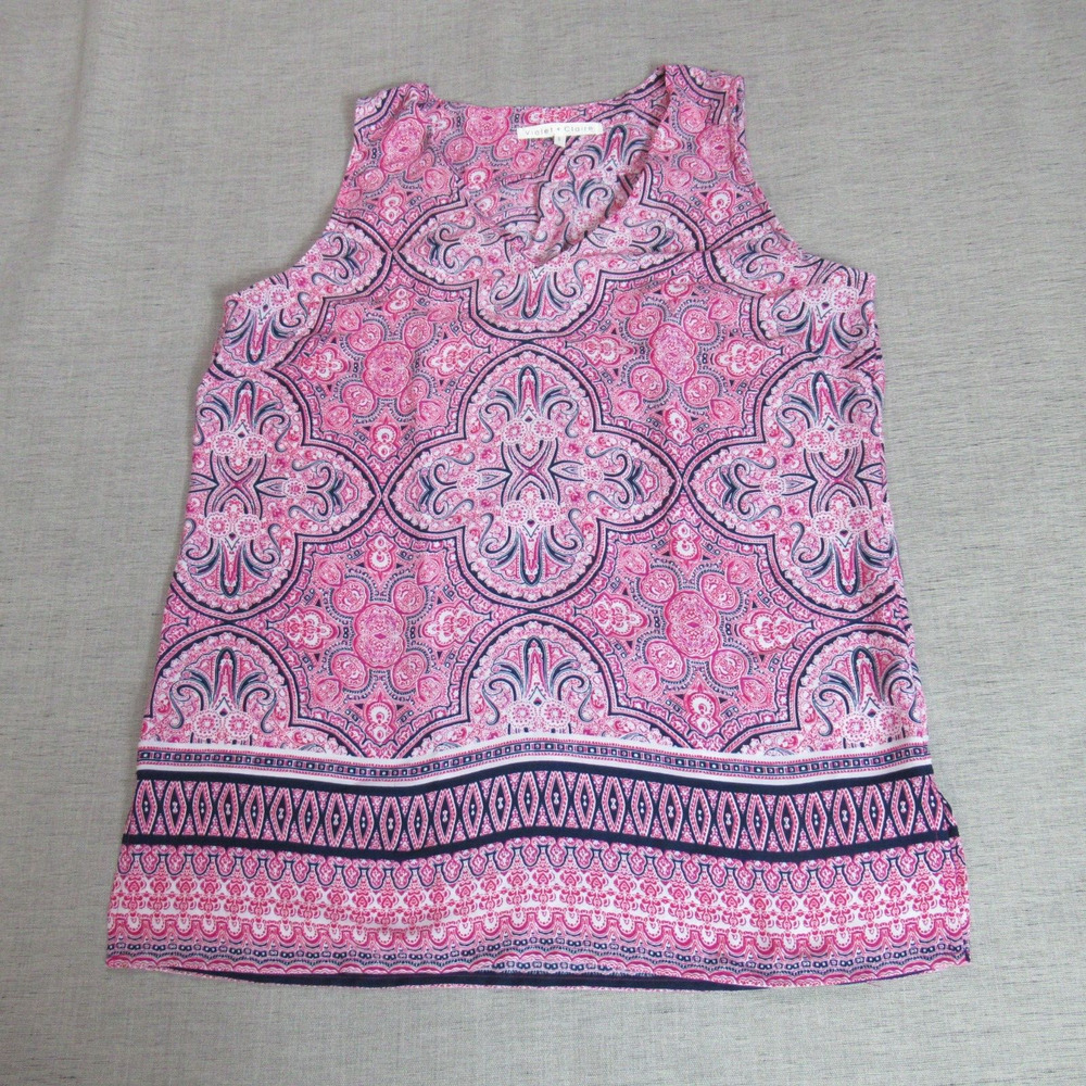 Violet + Claire Top Womens S Pink Sleeveless Geometric V Neck Boho Flowy Blouse